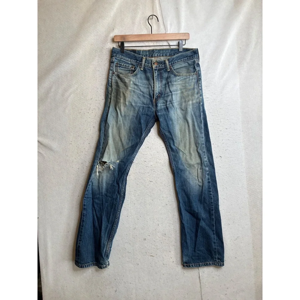 Levis 505 Regular Fit Straight Leg Jeans Blue Denim Mens 32x32 Distressed 7798